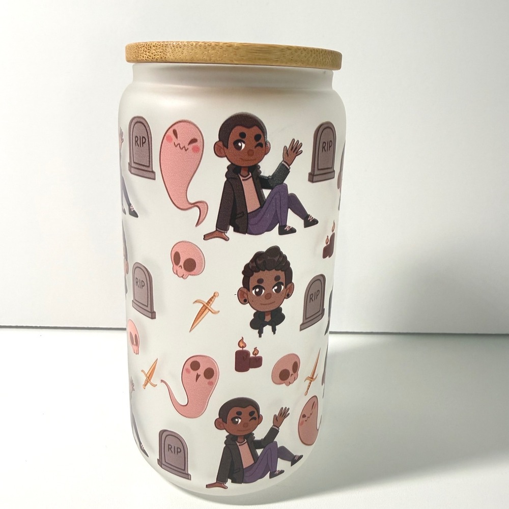 CEMETERY BOYS Aiden Thomas Spooky Bookish 16oz Frosted Glass Can Tumbler Lid NEW - Picture 3 of 7